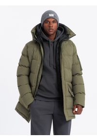 Ombre Clothing - Outdoorowa długa męska kurtka parka – oliwkowa V4 OM-JALJ-0201 - XXL. Kolor: oliwkowy. Materiał: guma, materiał, tkanina, syntetyk. Długość: długie. Wzór: aplikacja #6