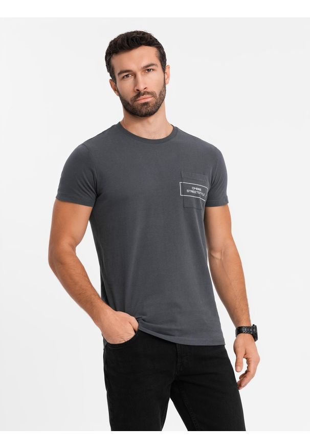 Ombre Clothing - Bawełniany męski t-shirt z nadrukiem na kieszonce Ombre Streetstyle – czarny V1 - Rozmiar: M. Okazja: na co dzień. Kolor: czarny. Materiał: bawełna. Wzór: nadruk. Styl: klasyczny, casual, elegancki