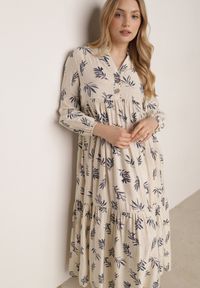 Born2be - Jasnobeżowa Rozkloszowana Sukienka z Wiskozy z Dekoltem na Guziki Watesa. Okazja: na co dzień. Kolor: beżowy. Materiał: wiskoza. Typ sukienki: rozkloszowane, proste. Styl: boho, casual #2