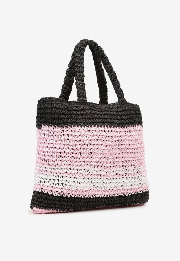 Renee - Różowo-Czarna Pleciona Torebka w Stylu Boho Ozdobiona Napisem Oegelia. Kolor: różowy. Wzór: aplikacja, napisy. Styl: boho