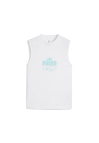 Puma - Damska wąska koszulka bez rękawów Palm Resort z grafiką PUMA White. Kolor: biały. Materiał: guma. Długość rękawa: bez rękawów. Wzór: nadruk. Sport: bieganie