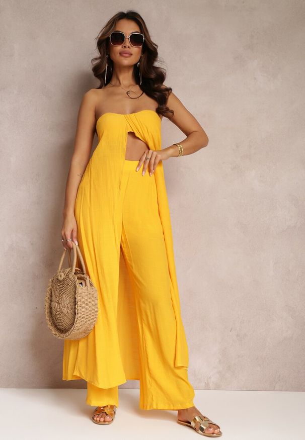 Renee - Żółty 2-częściowy Komplet Długi Top i Spodnie z Gumką w Pasie i Szerokimi Nogawkami Bincina. Kolor: żółty