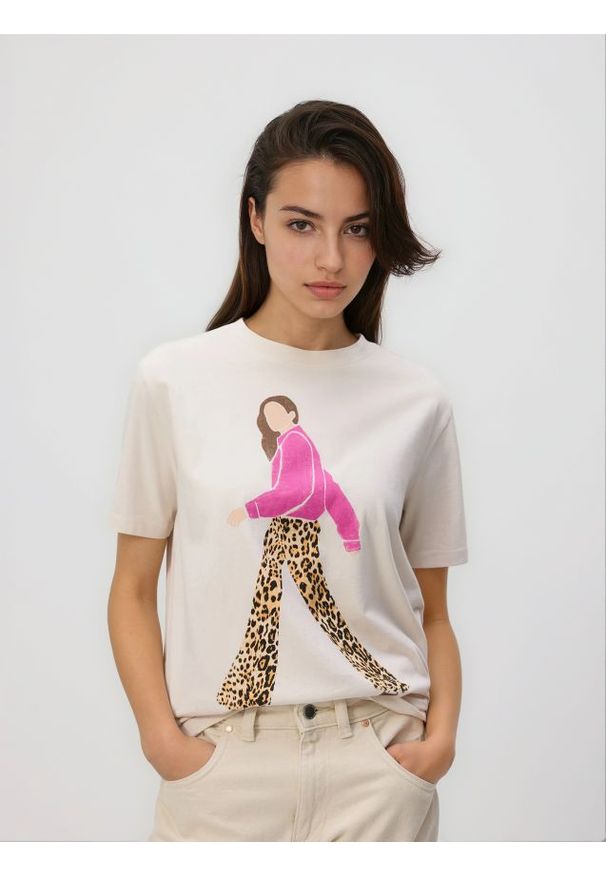 Reserved - T-shirt z nadrukiem - beżowy. Kolor: beżowy. Materiał: bawełna. Wzór: nadruk