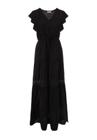 Born2be - Czarna Sukienka Cileis. Typ kołnierza: kołnierz z falbankami. Kolor: czarny. Materiał: wiskoza, koronka. Długość rękawa: krótki rękaw. Wzór: geometria. Długość: maxi #4