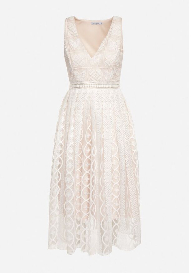 Born2be - Jasnobeżowa Rozkloszowana Sukienka z Plisowanym Dołem i Ozdobnymi Haftami Asorasia. Okazja: na co dzień. Typ kołnierza: dekolt w kształcie V. Kolor: beżowy. Materiał: skóra. Wzór: haft. Typ sukienki: plisowane. Styl: elegancki, casual