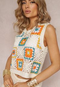 Renee - Beżowy Krótki Top Bluzka Ażurowa bez Rękawów z Bawełny Malecy. Kolor: beżowy. Materiał: bawełna. Długość rękawa: bez rękawów. Długość: krótkie. Wzór: ażurowy #4