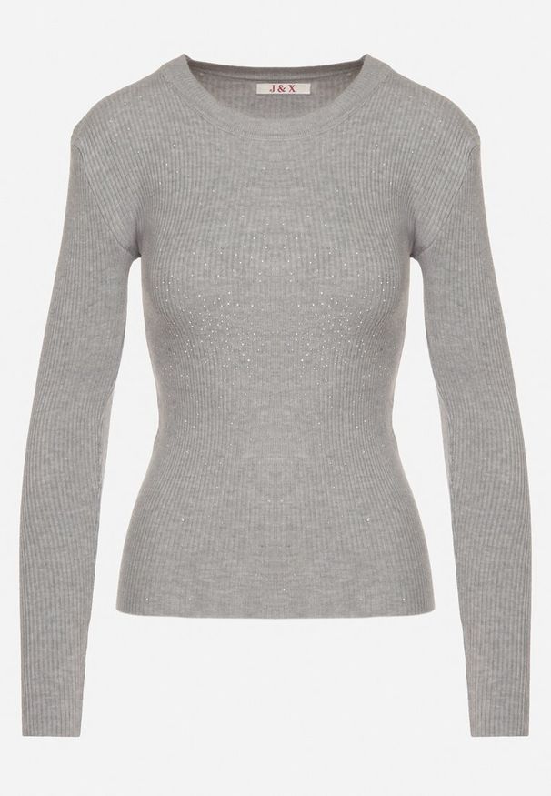 Born2be - Szary Sweter Prążkowany z Cyrkoniami Romvra. Okazja: na co dzień. Kolor: szary. Materiał: prążkowany. Długość rękawa: długi rękaw. Długość: długie. Styl: casual, elegancki