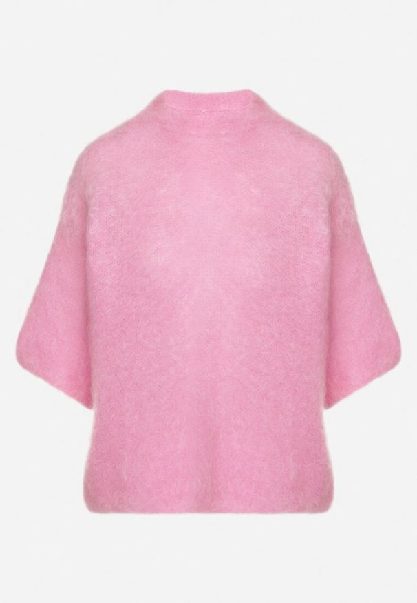 Born2be - Różowy Moherowy Sweter o Kroju Nietoperza z Rękawami 3/4 Eleanira. Okazja: na co dzień. Kolor: różowy. Materiał: moher. Wzór: aplikacja, ze splotem. Sezon: jesień, zima. Styl: klasyczny, elegancki, casual