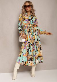 Renee - Zielona Plisowana Sukienka Maxi w Kwiaty z Wiązanym Paskiem Marleen. Kolor: zielony. Materiał: materiał. Wzór: kwiaty. Długość: maxi #1