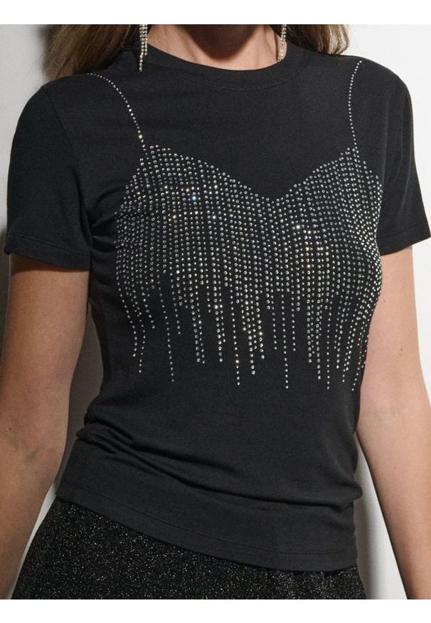 Sinsay - Koszulka z ozdobnymi cyrkoniami - czarny. Kolor: czarny