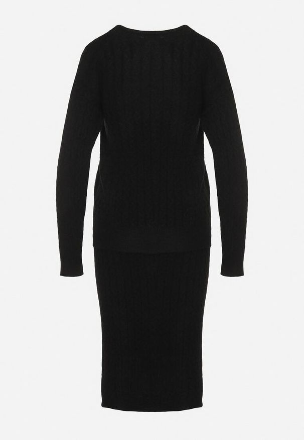 Born2be - Czarny Komplet Dzianinowy Sweter i Ołówkowa Spódnica z Ozdobnym Splotem Sairens. Kolor: czarny. Materiał: dzianina. Wzór: ze splotem