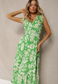 Renee - Zielona Wiskozowa Kwiatowa Sukienka Wykończona Gumką w Pasie o Rozkloszowanym Kroju Keranea. Okazja: na imprezę. Kolor: zielony. Materiał: wiskoza. Wzór: kwiaty. Sezon: lato. Typ sukienki: rozkloszowane. Styl: elegancki #5