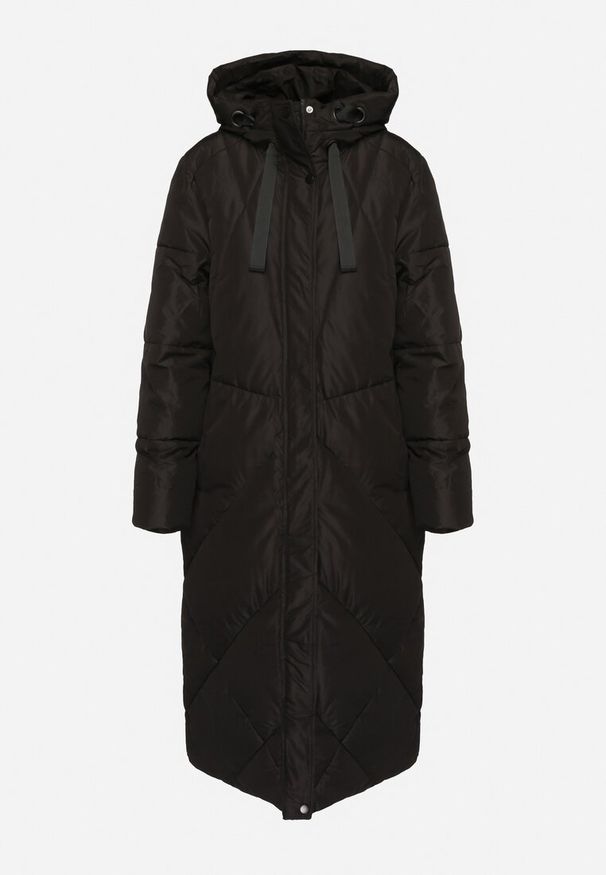 Born2be - Czarna Pikowana Kurtka o Długim Pudełkowym Kroju z Kapturem i Kieszeniami Attesina. Okazja: na co dzień. Typ kołnierza: kaptur. Kolor: czarny. Materiał: wełna, jeans. Długość: długie. Sezon: zima. Styl: klasyczny, casual, elegancki