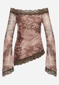 Born2be - Brązowa Siateczkowa Bluzka Hiszpanka z Wiskozą i Bawełną Ozdobiona Koronką Nirriva. Okazja: na co dzień. Typ kołnierza: dekolt hiszpanka. Kolor: brązowy. Materiał: koronka, bawełna, wiskoza. Wzór: koronka, aplikacja. Styl: casual #7