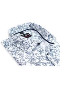 Modini - Biała koszula męska w granatowe konturowe kwiaty Y33. Kolor: biały, wielokolorowy, niebieski. Materiał: bawełna, poliester, tkanina. Wzór: kwiaty #1