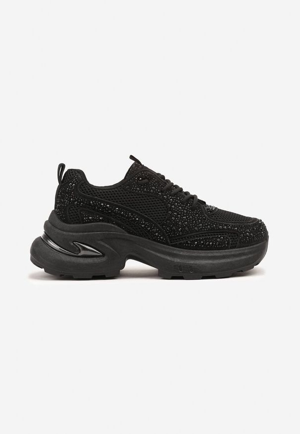 Renee - Czarne Sneakersy na Platformie Ozdobione Cyrkoniami Luria. Okazja: na co dzień. Nosek buta: okrągły. Kolor: czarny. Materiał: jeans. Wzór: aplikacja. Obcas: na platformie