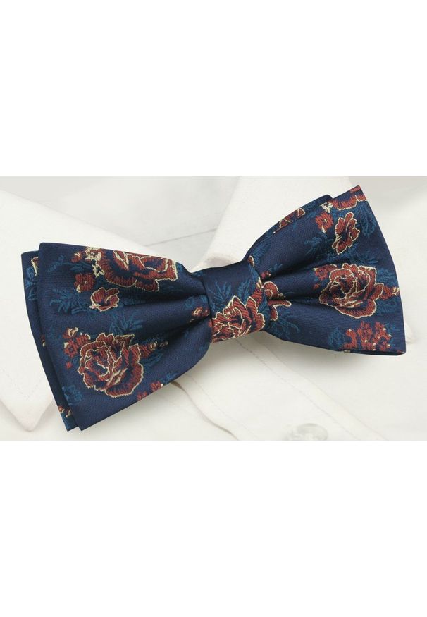 Mucha Męska z Poszetką - Alties - Ciemnoniebieska w Róże. Kolor: niebieski. Styl: sportowy, elegancki