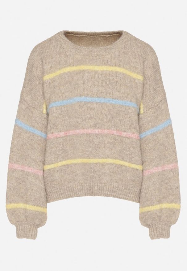 Born2be - Beżowy Nietoperzowy Sweter z Domieszką Wełny w Kolorowe Paski Rallieva. Okazja: na co dzień, na spacer. Kolor: beżowy. Materiał: wełna. Długość rękawa: długi rękaw. Długość: długie. Wzór: paski, kolorowy. Styl: casual, klasyczny