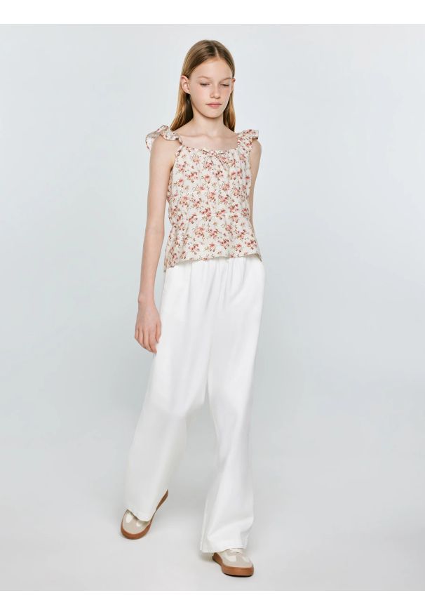 Big-Star - Spodnie dziewczęce wide białe Polena 100. Okazja: na spacer. Kolor: biały. Materiał: bawełna. Wzór: kolorowy. Styl: wakacyjny