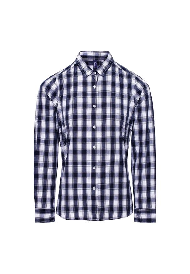 PREMIER - Damska Bawełniana Koszula W Kratę Z Długim Rękawem. Okazja: na co dzień. Kolor: wielokolorowy, niebieski, biały. Materiał: bawełna. Długość rękawa: długi rękaw. Długość: długie. Styl: casual