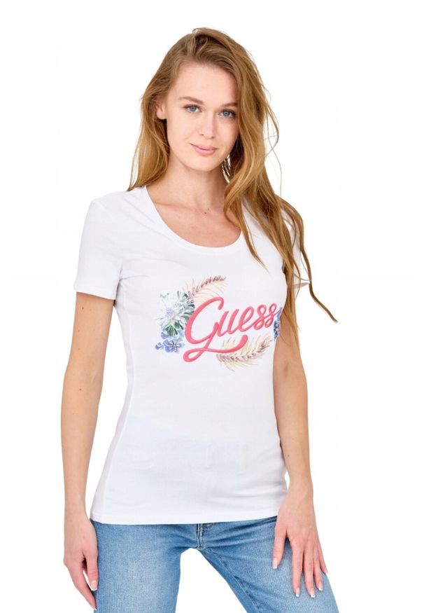Guess - GUESS Damski biały t-shirt ze zdobionym logo, Rozmiar S. Kolor: biały. Materiał: bawełna. Wzór: aplikacja