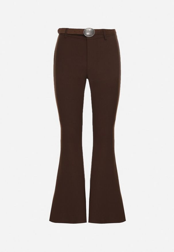 Born2be - Brązowe Spodnie Dzwony z Wiskozy z Bawełną z Wysokim Stanem Ozdobione Paskiem Liadona. Okazja: na co dzień, do pracy. Stan: podwyższony. Kolor: brązowy. Materiał: bawełna, wiskoza. Wzór: aplikacja. Styl: klasyczny, casual, elegancki