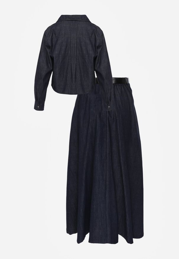 Born2be - Granatowy Bawełniano-Wiskozowy Komplet z Imitacji Jeansu Spódnica z Paskiem i Koszula Peshophi. Kolor: niebieski. Materiał: jeans, wiskoza, bawełna