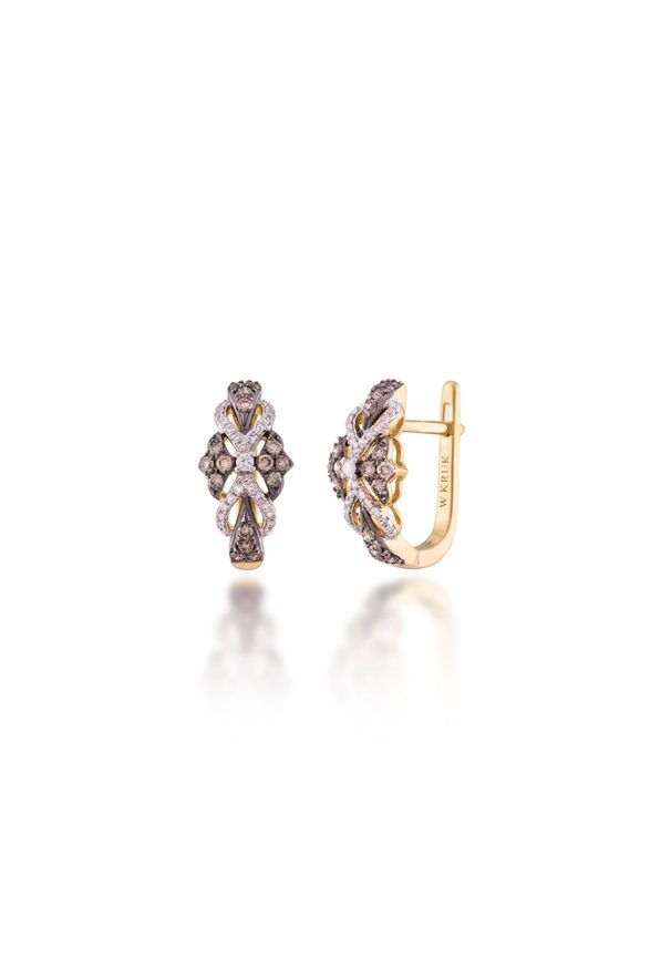 W.KRUK Unikalne Złote Kolczyki - złoto 585, Brylant 0,03ct,brązowy brylant 0,40ct.... Materiał: złote. Kolor: złoty, brązowy, wielokolorowy. Wzór: aplikacja. Kamień szlachetny: brylant