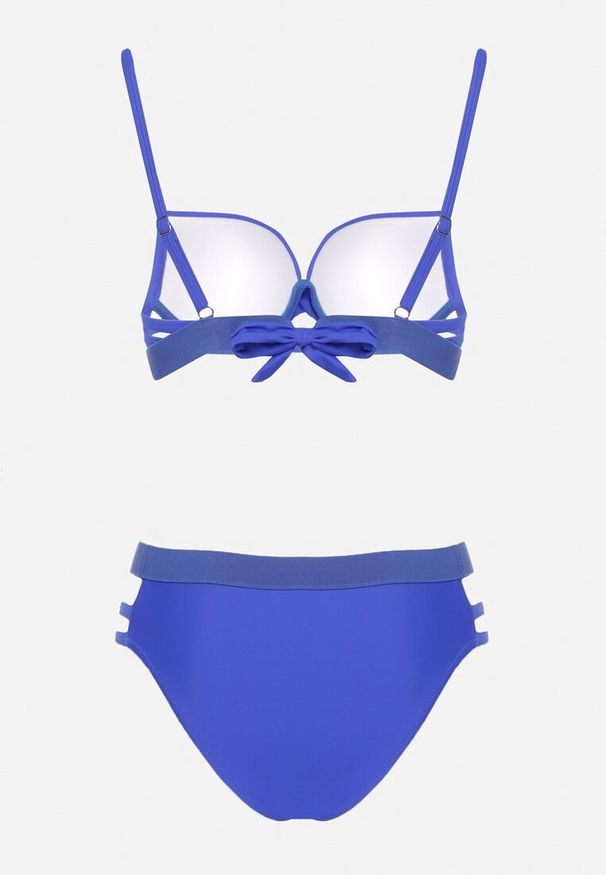 Born2be - Niebieskie Bikini Biustonosz z Wiązaniem i Majtki Figi Zdobione Wycięciami Kinelena. Kolor: niebieski. Materiał: len. Wzór: aplikacja