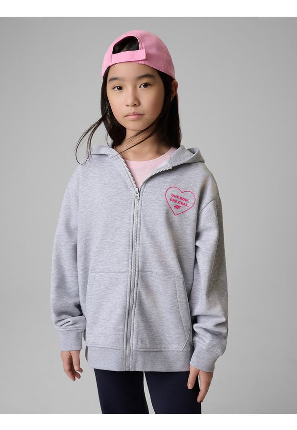 4f - 4F Bluza dresowa loose z kapturem dziewczęca - szara 158/164 (12-14 lat). Okazja: na co dzień, na uczelnię. Typ kołnierza: kaptur. Kolor: szary. Materiał: dresówka. Sezon: lato. Styl: casual