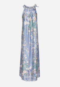 Born2be - Granatowa Satynowa Sukienka w Kwiaty z Ozdobnym Wiązaniem Fenasella. Okazja: na co dzień. Kolor: niebieski. Materiał: satyna. Wzór: kwiaty. Typ sukienki: proste. Styl: elegancki, casual, klasyczny, wizytowy #2