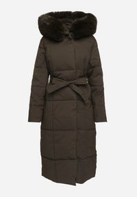 Born2be - Ciemnozielona Pikowana Kurtka z Kapturem z Odpinanym Futerkiem i Wiązanym Paskiem Kikira. Okazja: na spacer. Typ kołnierza: kaptur. Kolor: zielony. Materiał: futro. Długość rękawa: długi rękaw. Długość: długie. Styl: elegancki #7