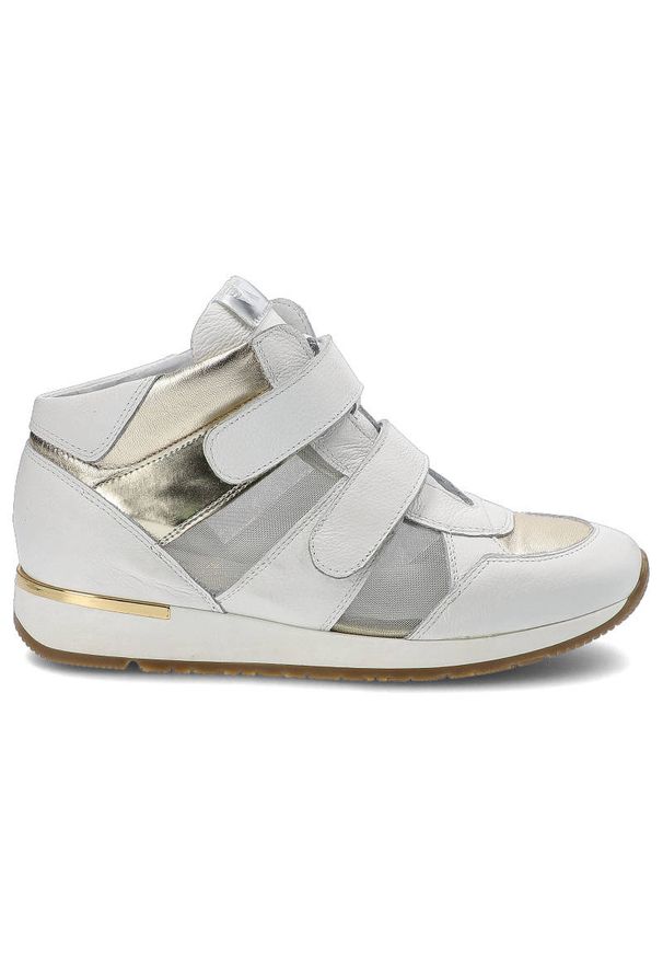 Białe Sneakersy Karino Damskie Buty Na Rzepy. Zapięcie: rzepy. Kolor: biały. Materiał: skóra. Szerokość cholewki: normalna. Wzór: aplikacja. Obcas: na koturnie. Styl: sportowy. Wysokość obcasa: średni