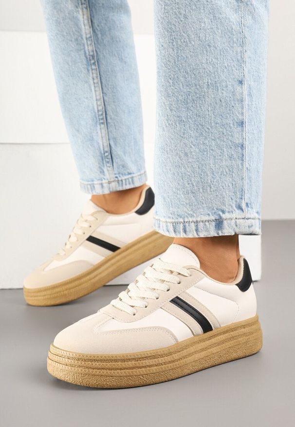Renee - Beżowo-Czarne Sneakersy Kultowe Tenisówki na Grubej Podeszwie Ozdobione Wzorem w Panterkę Gonelis. Okazja: na co dzień. Kolor: beżowy. Materiał: jeans. Wzór: aplikacja, motyw zwierzęcy
