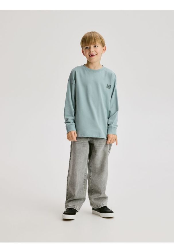 Reserved - Longsleeve z nadrukiem - miętowy. Kolor: miętowy. Materiał: bawełna, dzianina. Długość rękawa: długi rękaw. Wzór: nadruk