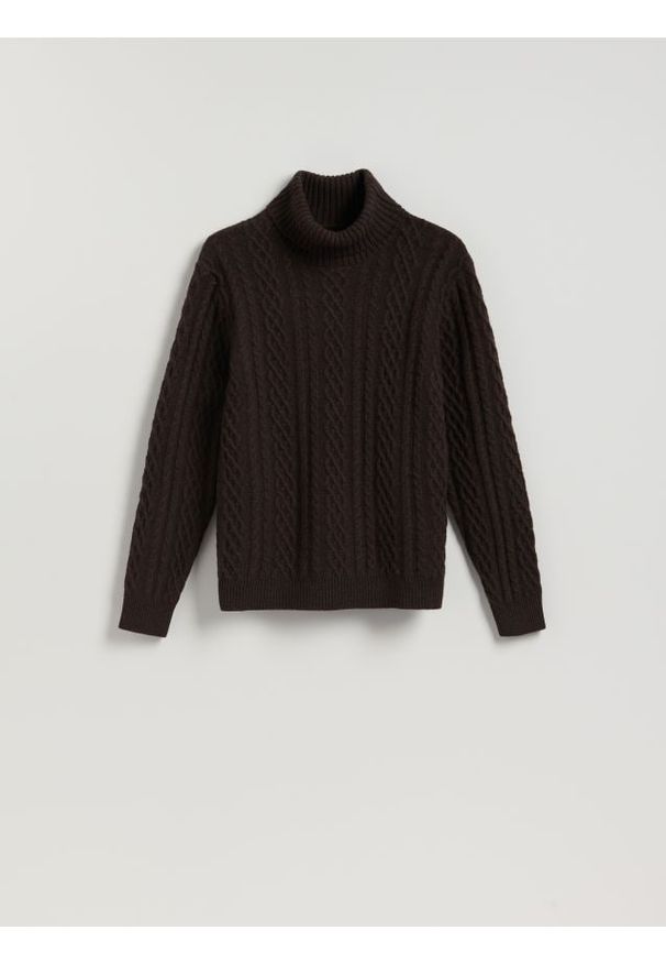 Reserved - Sweter z wełną - ciemnobrązowy. Kolor: brązowy. Materiał: wełna