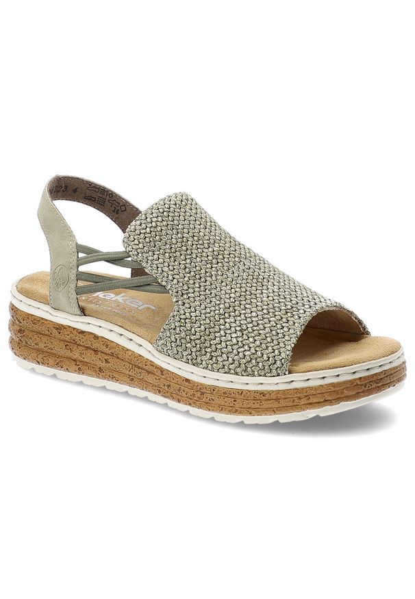 Sandały damskie Rieker, cholewka z materiału tekstylnego o plecionej strukturze odkrytą piętą na lekkiej platformowej podeszwie, zielone, 62741-52. Kolor: zielony. Materiał: materiał