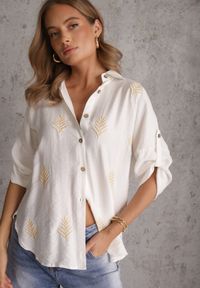 Renee - Biała Wiskozowa Koszula z Przedłużonym Tyłem Haftem i Podpinanymi Rękawami Sophora. Okazja: na co dzień. Kolekcja: plus size. Kolor: biały. Materiał: wiskoza. Wzór: haft. Sezon: lato. Styl: casual #1