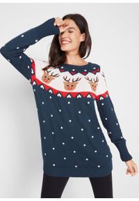 Sweter bożonarodzeniowy z motywem reniferów bonprix ciemnoniebieski wzorzysty. Kolor: niebieski. Materiał: materiał, akryl, bawełna #2