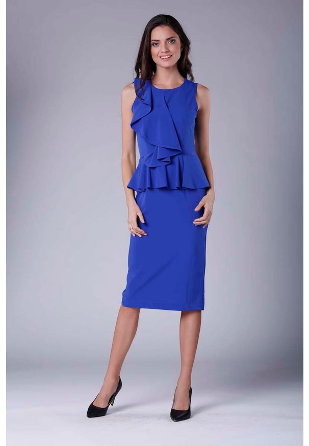 Nommo - Chabrowa Wizytowo-Koktajlowa Sukienka z Baskinką. Kolor: niebieski. Materiał: poliester, wiskoza. Wzór: kwiaty. Typ sukienki: baskinki. Styl: wizytowy