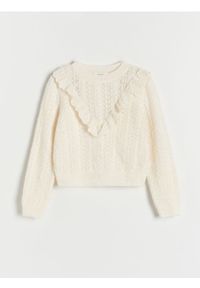 Reserved - Dzianinowy sweter z falbaną - złamana biel. Materiał: dzianina. Wzór: ażurowy #1