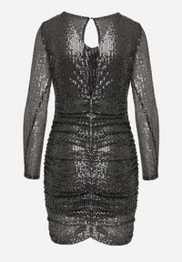 Born2be - Czarno-Srebrna Cekinowa Sukienka z Marszczeniem Nerli. Kolor: srebrny. Wzór: aplikacja. Długość: mini #2