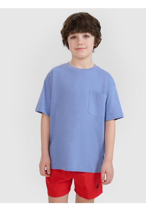 4f - 4F T-shirt oversize gładki chłopięcy - granatowy 146 (10-11 lat). Okazja: na co dzień. Kolor: niebieski. Materiał: bawełna, tkanina, jersey. Długość rękawa: krótki rękaw. Długość: krótkie. Wzór: gładki. Sezon: lato. Styl: klasyczny, elegancki, sportowy, casual