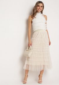 Born2be - Jasnobeżowa Rozkloszowana Spódnica Maxi z Falbankami z Tiulu Davena. Kolor: beżowy. Materiał: tiul. Wzór: aplikacja #1
