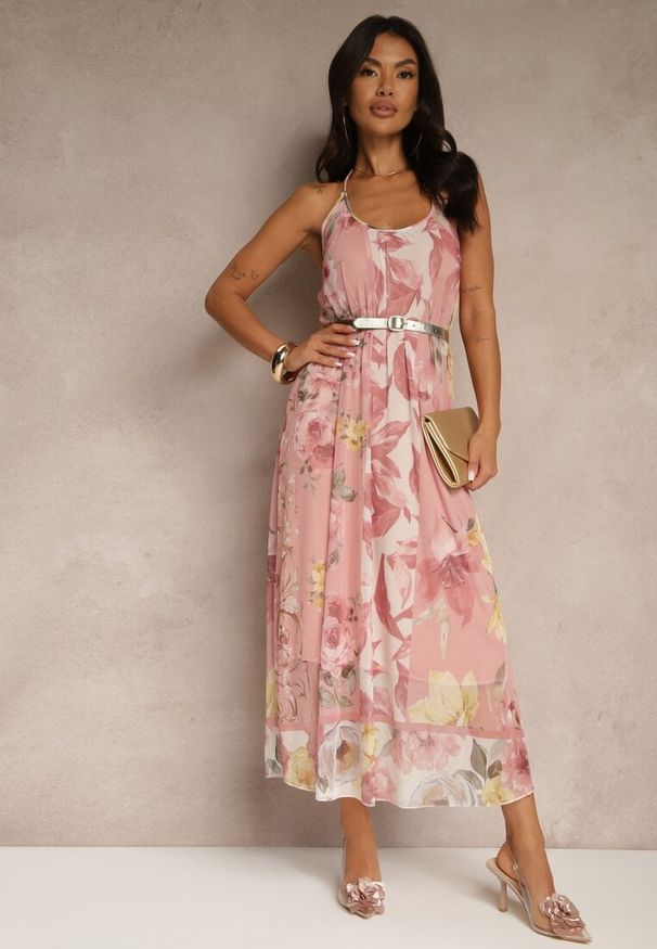 Renee - Różowa Kwiatowa Sukienka Siateczkowa z Wiskozą Izurelia. Okazja: na co dzień. Kolor: różowy. Materiał: wiskoza. Wzór: kwiaty. Typ sukienki: proste. Styl: elegancki, casual