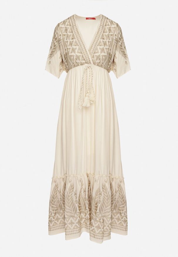 Born2be - Jasnobeżowa Wiskozowa Sukienka z Kopertowym Dekoltem i Haftem z Metaliczną Nicią Emhiris. Okazja: na co dzień. Kolor: beżowy. Materiał: wiskoza. Długość rękawa: krótki rękaw. Wzór: haft. Typ sukienki: kopertowe. Styl: casual, klasyczny