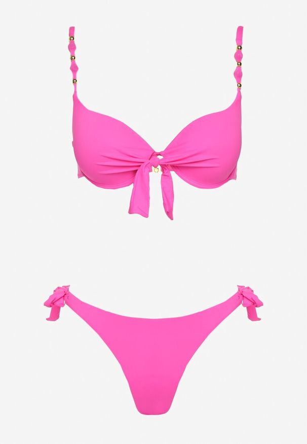 Renee - Fuksjowe Bikini Majtki i Biustonosz z Wiązaniem Sadeenne. Kolor: różowy. Wzór: aplikacja