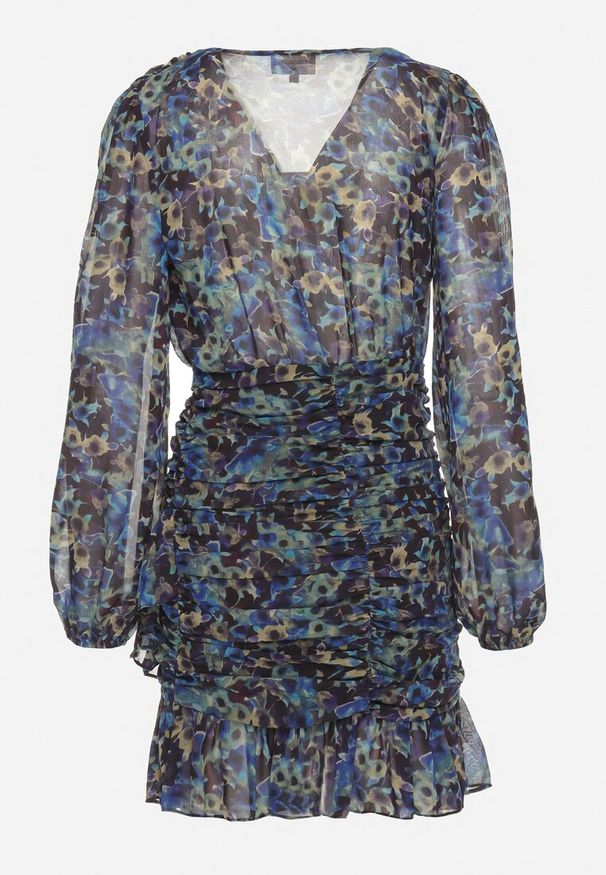 Born2be - Czarno-Niebieska Dopasowana Sukienka w Kwiaty z Marszczeniem i Falbankami Mirilia. Okazja: na co dzień. Typ kołnierza: kołnierz z falbankami. Kolor: czarny. Materiał: jeans. Wzór: kwiaty. Styl: casual