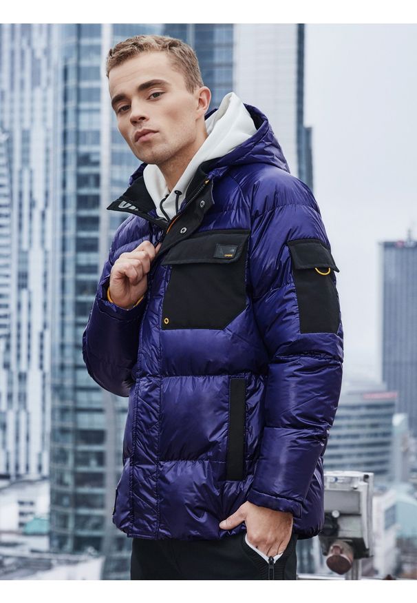 Ombre Clothing - Kurtka męska zimowa C457 - fioletowa - XL. Kolor: niebieski. Materiał: poliester. Wzór: aplikacja. Sezon: zima