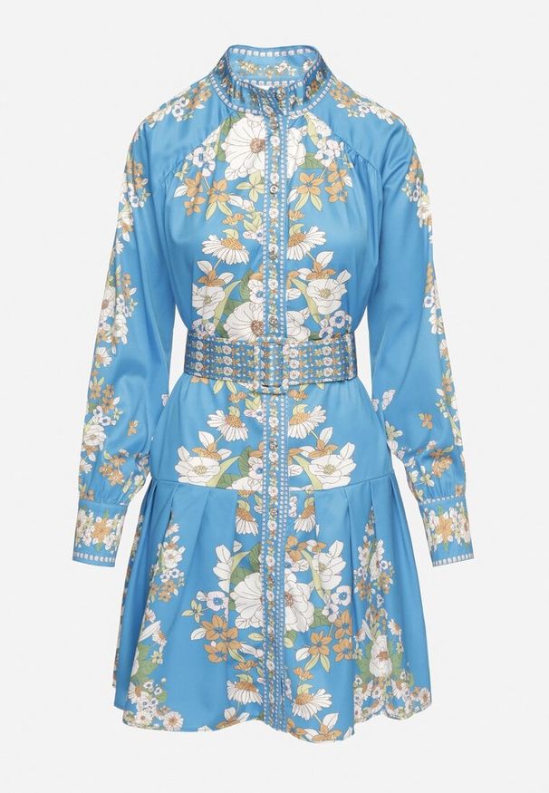 Born2be - Niebieska Sukienka Koszulowa w Kwiatowy Wzór z Bufiastymi Rękawami i Paskiem Aladira. Okazja: na co dzień. Kolor: niebieski. Wzór: kwiaty. Typ sukienki: koszulowe. Styl: casual, elegancki